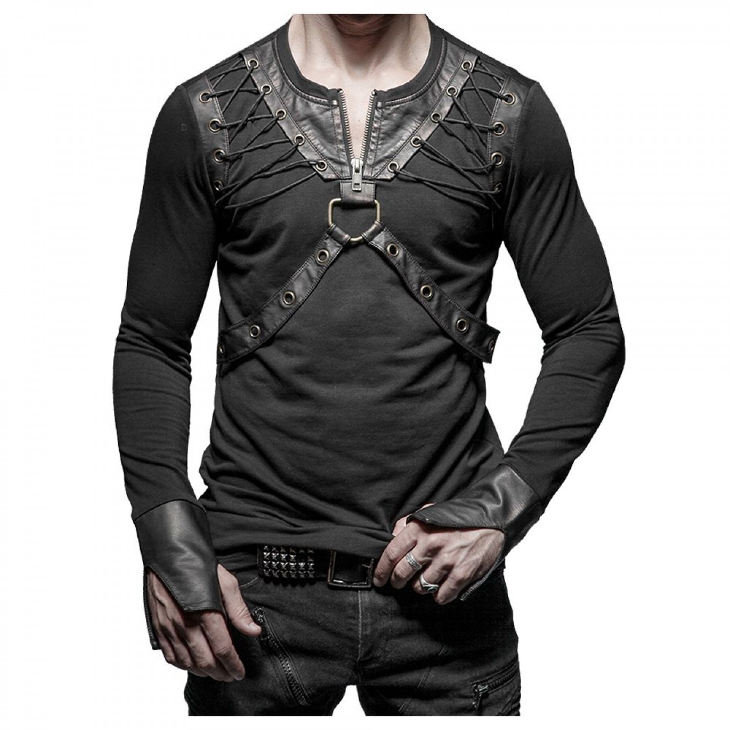 Men’s Gothic Dieselpunk Top | Vintage Bronze Faux Leather Detailing